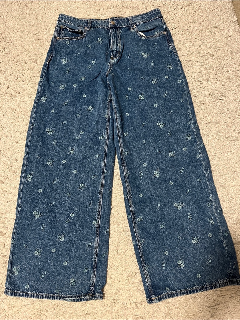 American Eagle Outfitters Dark Blue Wide-Leg Embroidered Jeans